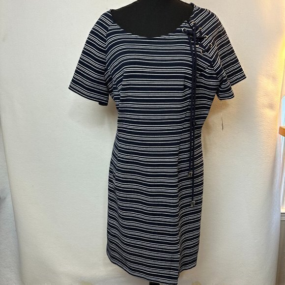 Sharagano Dresses & Skirts - Sharagano Dress Women's 16 ‎ Blue White Stripe short sleeve nautical lace up NWT